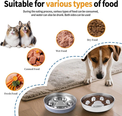 Slow Feeder Dog Bowl - 2-in-1 Stainless Steel Pet Bowl (8.27"x1.57", 33.8oz) with Non-Slip Base - Reversible Paw Design for Small/Medium/Large Dogs - Helps Slow Fast Eating for Dry & Wet Food