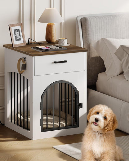 Dog Crate Furniture, Wooden Dog House with Charging Station and Storage Drawer, Indoor Pet Crate End Table for Small Breeds, Dog Kennel for Living Room, Bedroom, White and Walnut MGW01UWL
