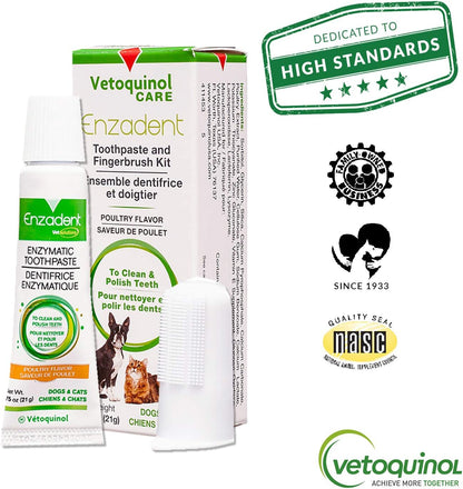 Vetoquinol Enzadent Enzymatic Toothpaste Kit + Fingerbrush for Cats & Dogs – .75oz, Poultry Flavor – Oral Dental Care Kit: Removes Plaque, Polishes Teeth & Freshens Breath