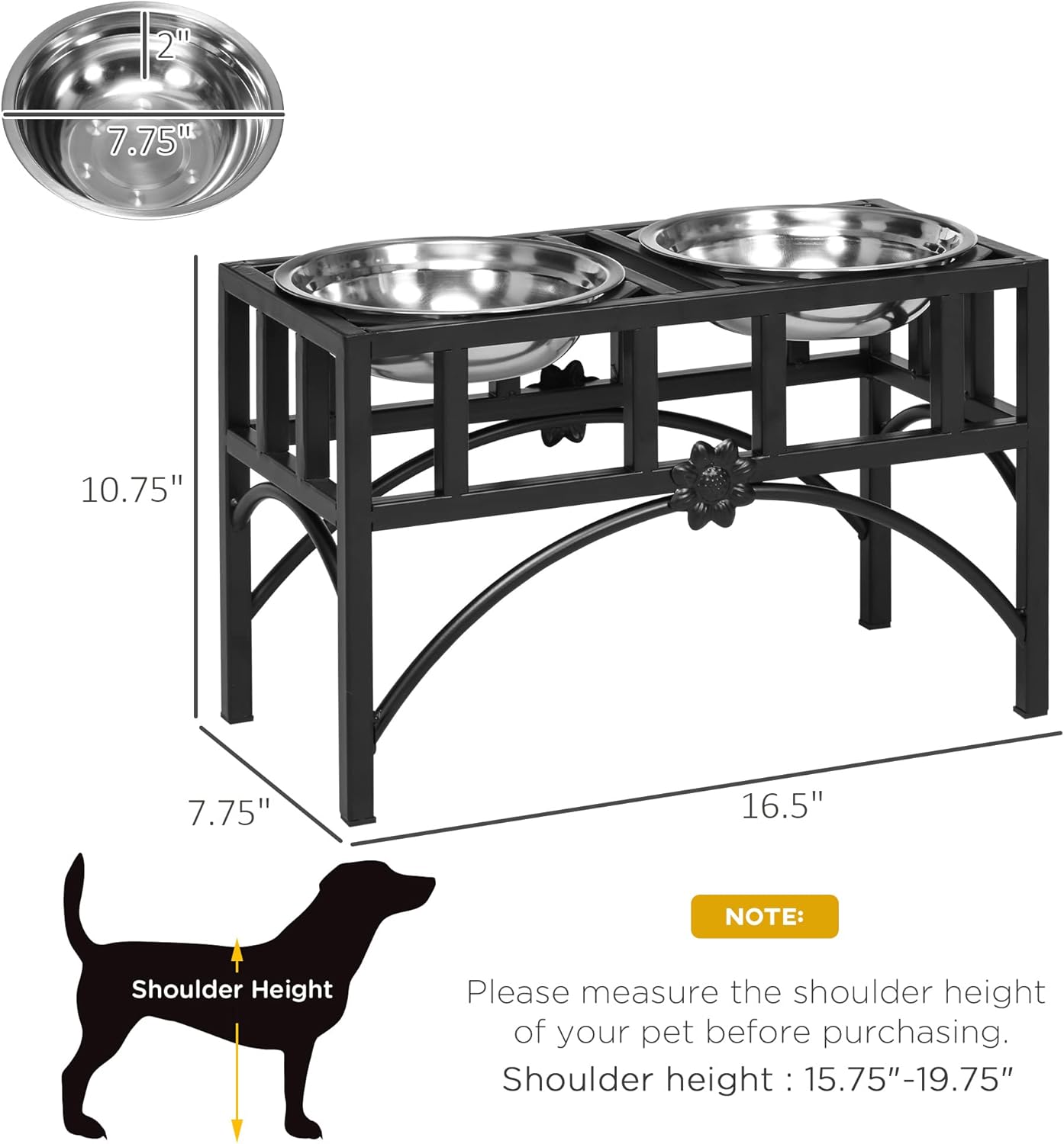 GREAZ Elevated Stainless Steel Dog Food Bowl Station for Medium Dogs, Heavy Duty Design, Non-Slip Easy Clean, Black