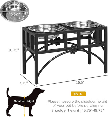 GREAZ Elevated Stainless Steel Dog Food Bowl Station for Medium Dogs, Heavy Duty Design, Non-Slip Easy Clean, Black