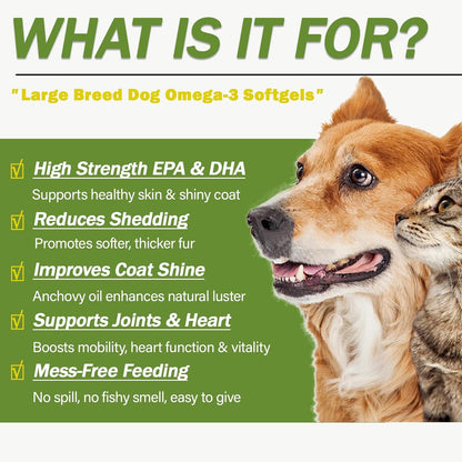 Dog Fish Oil Capsules for Large Breeds – No Spill, No Fishy Smell Softgels – Omega-3 EPA & DHA for Skin, Coat, Joints & Shedding Support