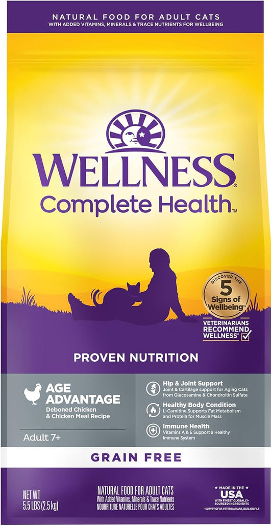 Wellness Complete Health Senior Dry Cat Food for Indoor and Outdoor Cats, Grain-Free, Natural, Age Advantage Chicken & Chicken Meal (5 Pound Bag)