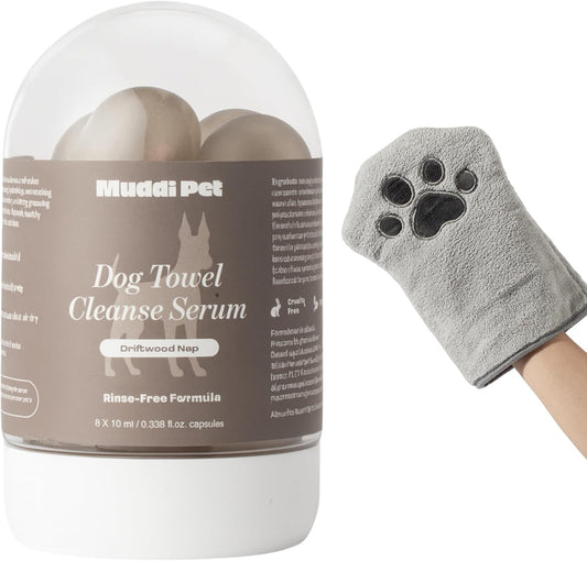 Dog Rinse-Free Towel Cleanse Shampoo & Conditioner with Bath Mitt – Sensitive Skin, Stress & Itch Relief Gentle Leave-in Serum – 98.65% Naturally Derived, Hydrate & Deodorize – 8 × 10ml
