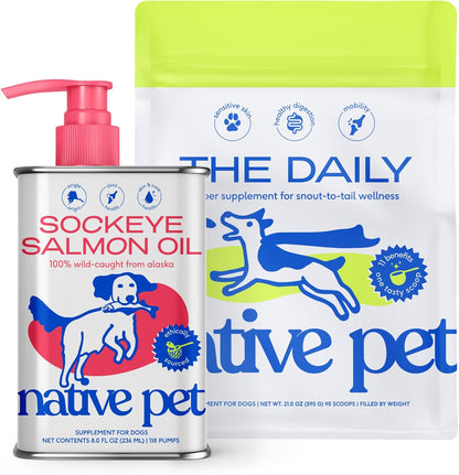 Native Pet The Daily Dog Supplement (90 Scoops) & Salmon Oil for Dogs & Cats (8 Oz.) - 11 in 1 Multivitamin & Pure Omega-3 Fish Oil Supplement for Skin & Coat, Joint, Heart Health & Anti-Inflammatory