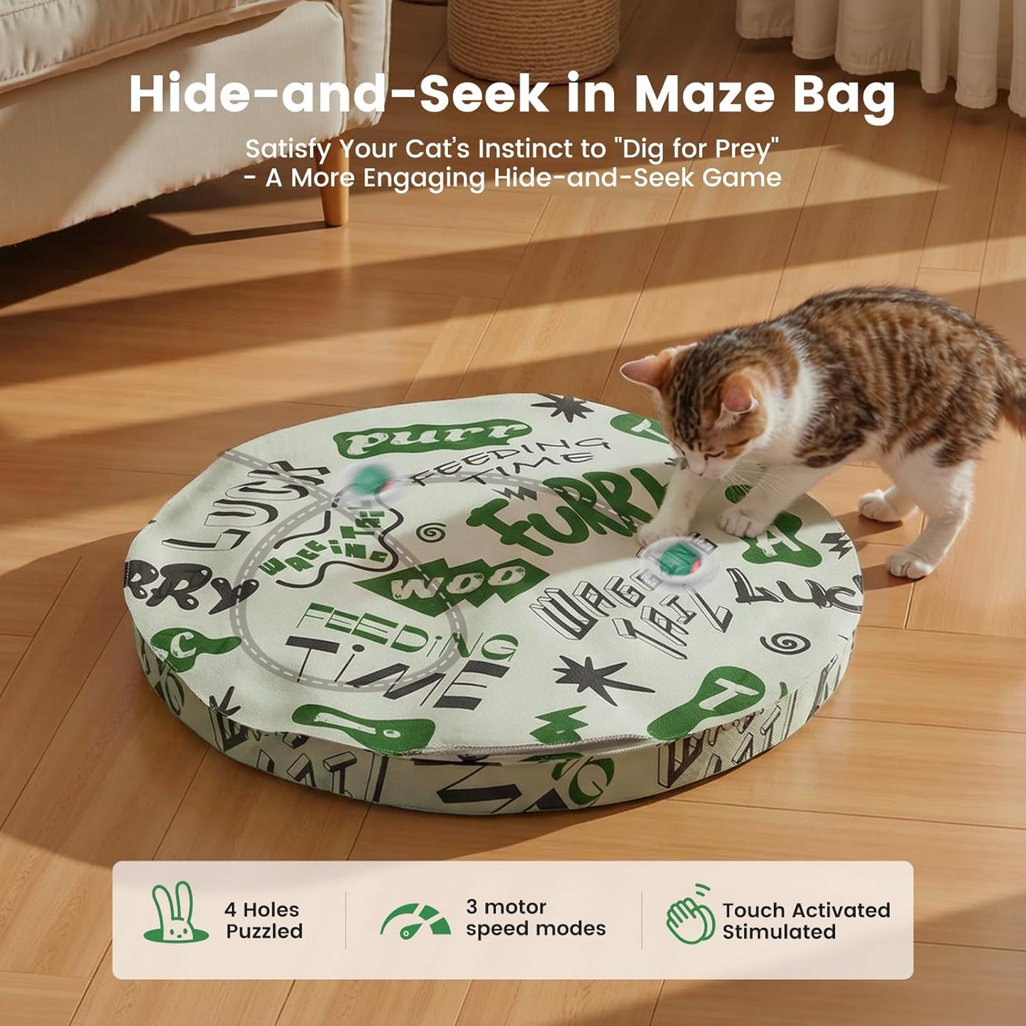 Gardner Pet Interactive Cat Toys Ball,Self Moving Ball in Play Mat,Tap Activation Moving Toy Hide and Seek Exercise Kicker Mouse Catching Game for Indoor cat,Real Bird Calls,28 Inch Mat(Without holes)