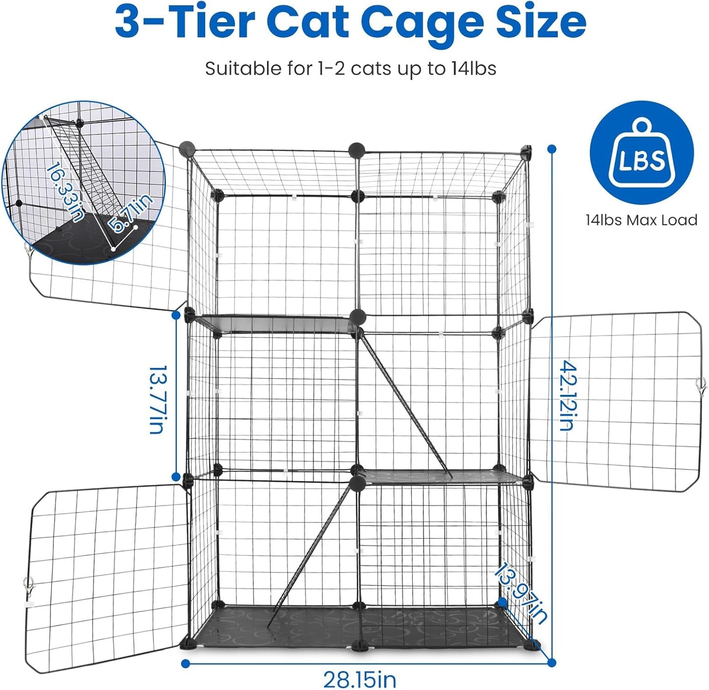 3 Tier Cat Playpen Cage, Metal Detachable DIY Indoor Cat Enclosures Kitten House Large Exercise Place Kitten Crate with 3 Doors 2 Ladders for 1-2 Cats