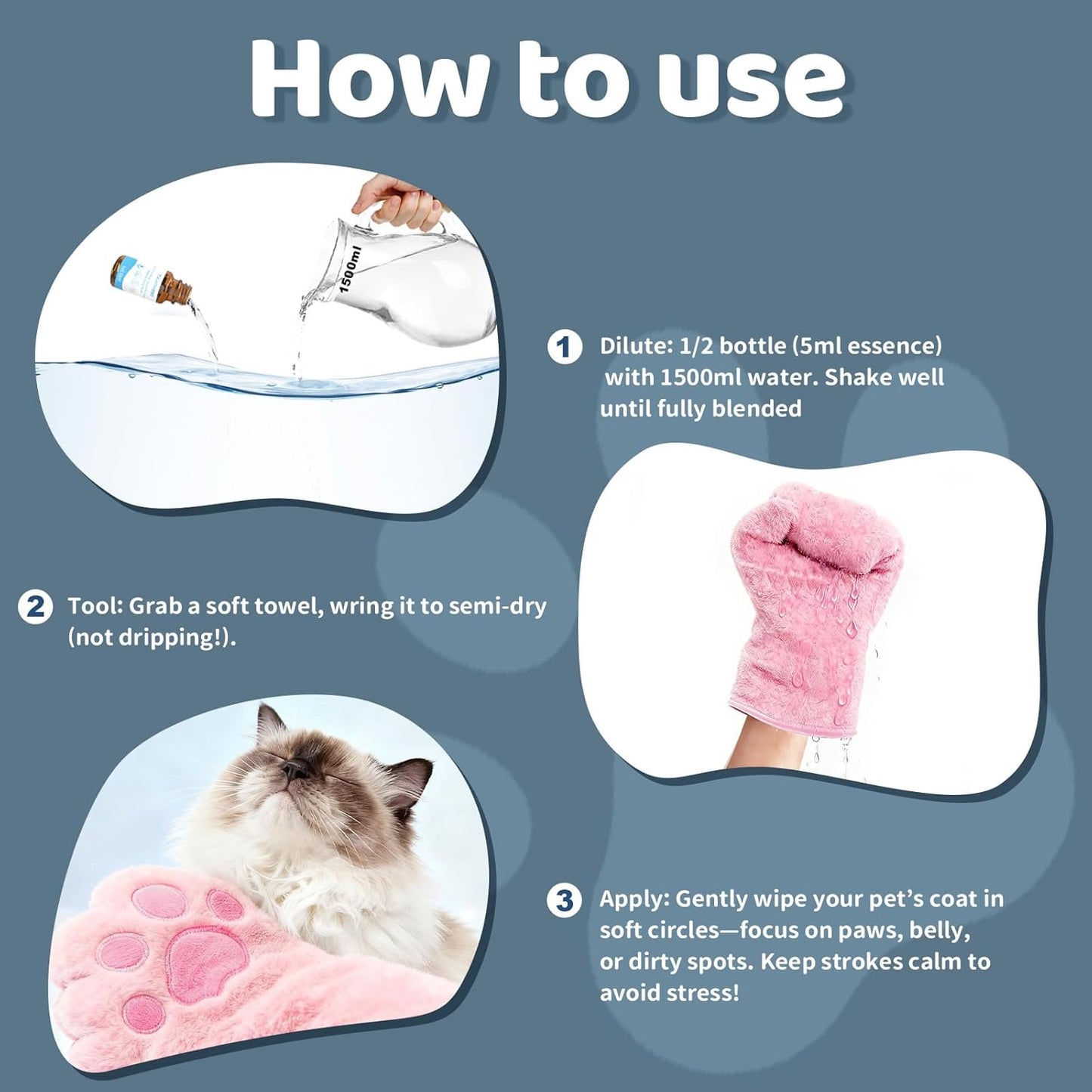 2PCS Concentrated Waterless Shampoo with Pink Grooming Glove, No-Rinse & Lick-Safe Essence for Steam Brushes, Gentle Care for Cats/Kittens/Seniors, Manage Shedding & Freshness