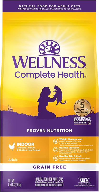 Wellness Complete Health Adult Dry Cat Food for Indoor Cats, Grain Free, Natural, Chicken & Chicken Meal (5.5 Pound Bag)