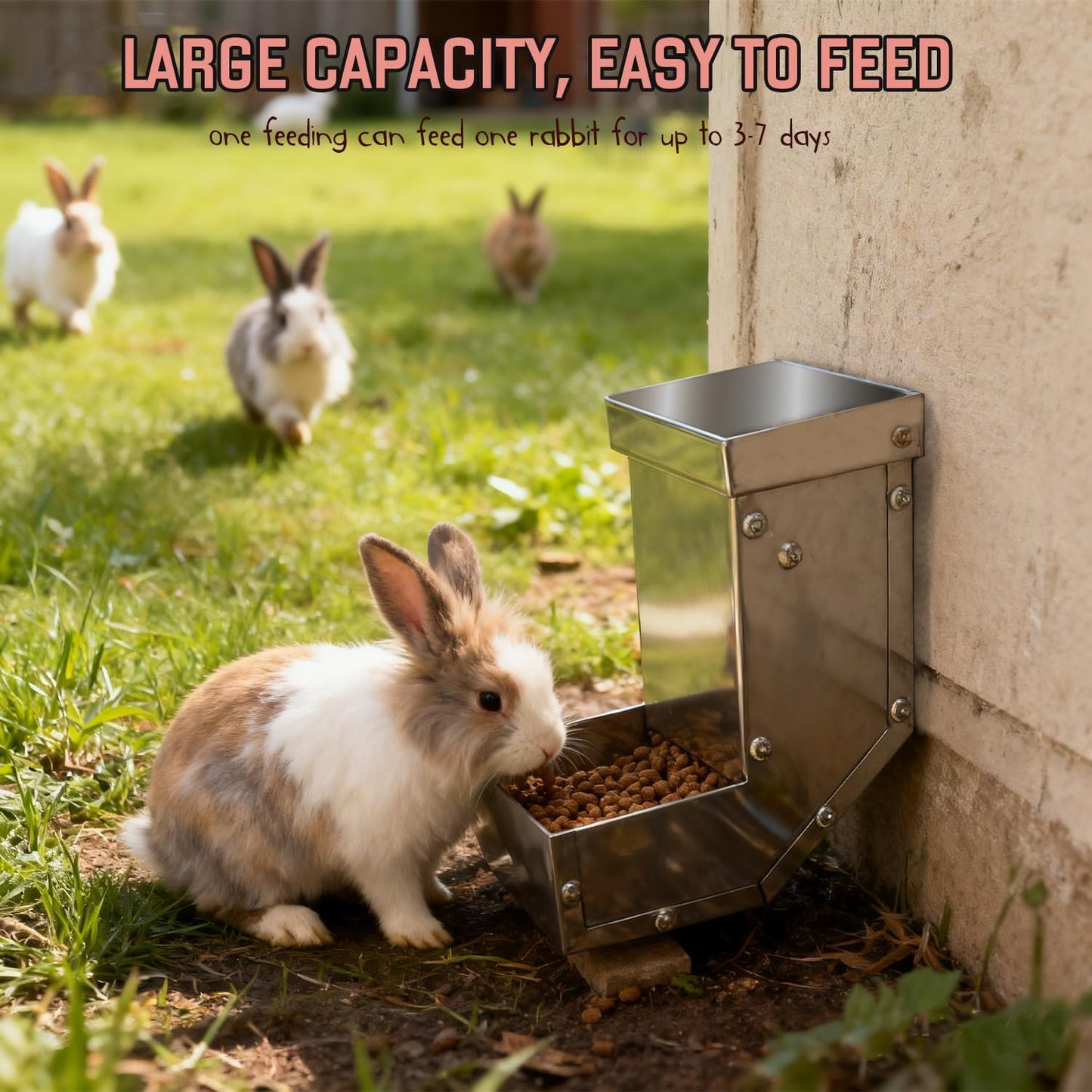 Rabbit Feeder - Small Animal Stainless Steel Gravity Feeding Trough with Lid, Outdoor Durable Cage Feeder Holds Several Days' Food (4 Inch/1.5Lbs)