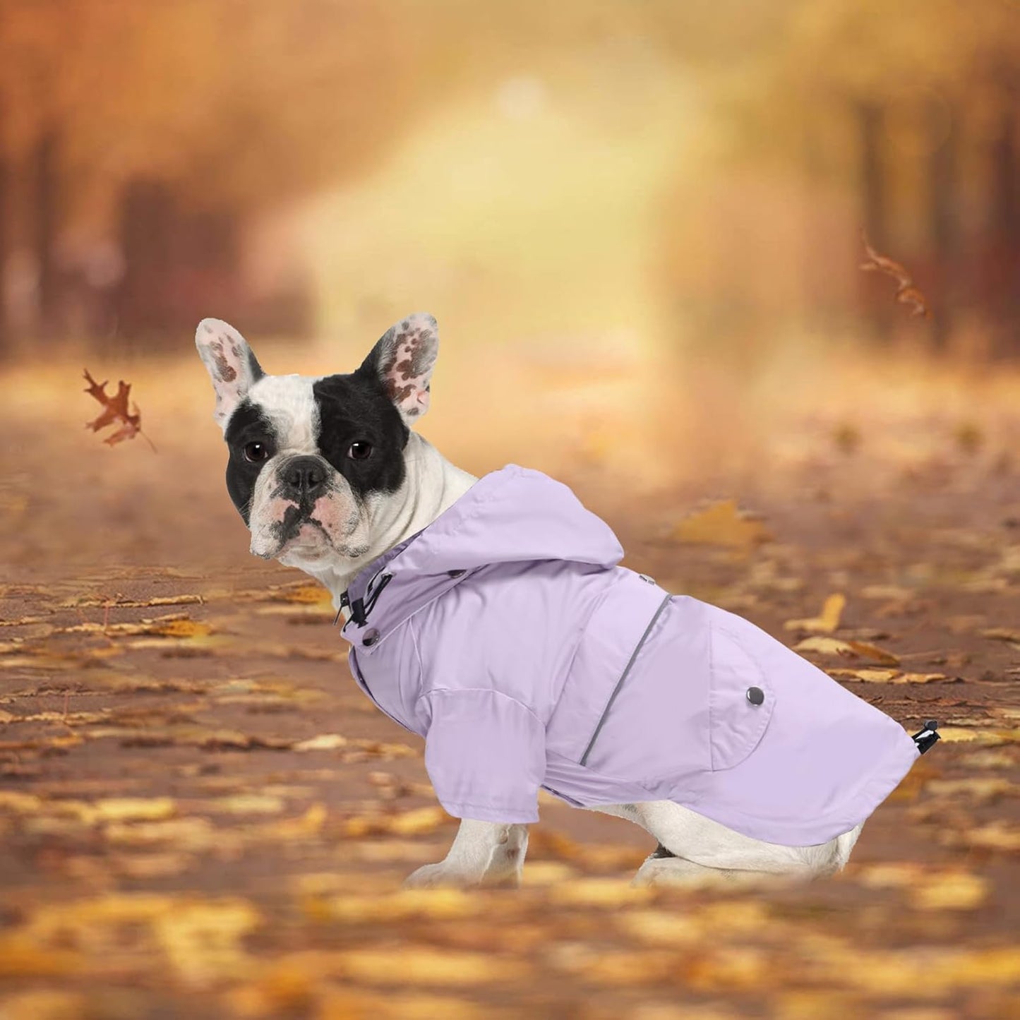 Morezi Dog Zip Up Raincoat with Reflective Buttons, Rain/Water Resistant, Adjustable Drawstring, Removable Hood, Raincoats with Legs 8lbs to 80lbs Available - Purple - M
