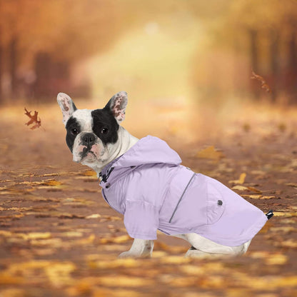 Morezi Dog Zip Up Raincoat with Reflective Buttons, Rain/Water Resistant, Adjustable Drawstring, Removable Hood, Raincoats with Legs 8lbs to 80lbs Available - Purple - M