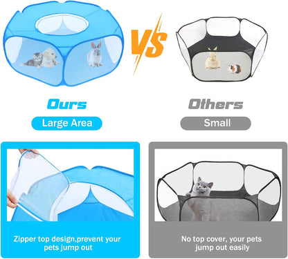 Small Animal Playpens with Top Cover, Foldable Breathable Small Pets Cage Tent Outdoor Indoor Portable Play Pen for Guinea Pig Hedgehog Hamster Cat Rabbit Bunny Puppy Ferret Rat Chicks (Blue)