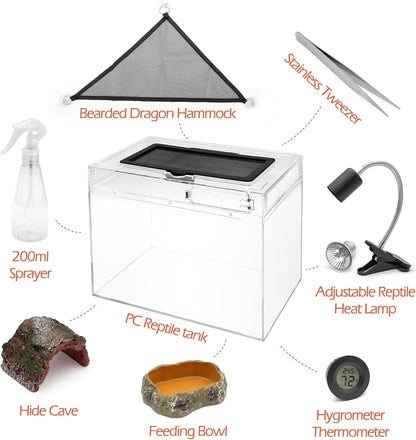 AZV Small Habitat Terrarium Enclosure, and Large Reptile Terrarium,Reptile Tank 15x8x10in Amphibian Isopod Tank Starter Kit with Bearded Dragon Hammock,Heat Lamp,Hide Cave for Geckos Lizard