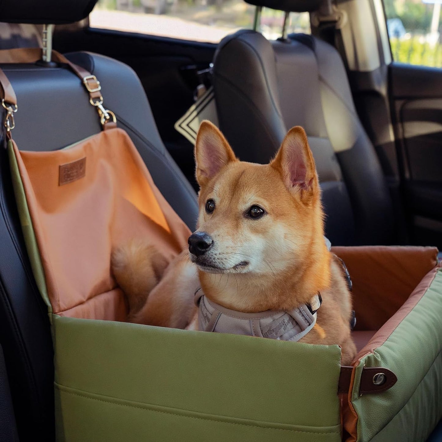 FUNNYFUZZY Dog Car Seat for Small Dogs, Waterproof Dog Booster Car Seats, Faux Leather Pet Vehicle Seat Travel Bed with Thick Cushion, Carseat for Dogs, Orange Green