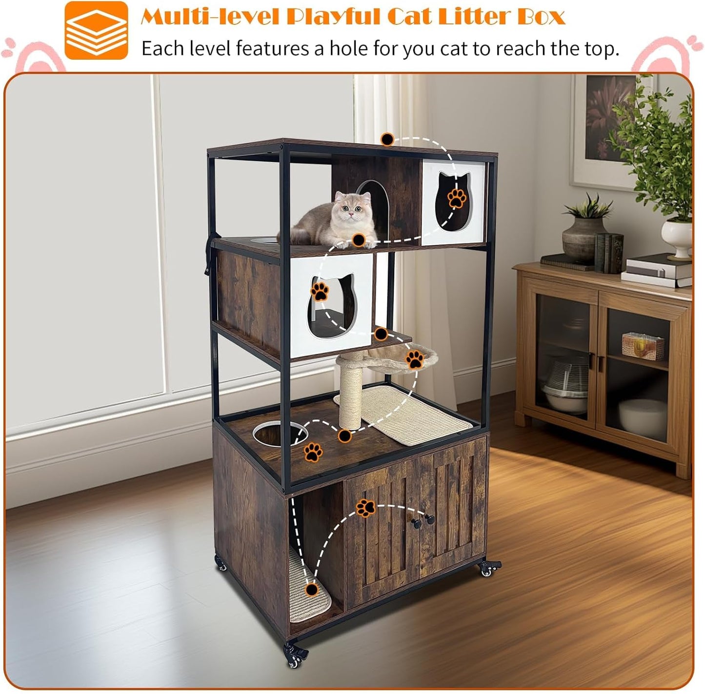 Cat Tower with Litter Box Enclosure, Wooden Hidden Litter Box Cat Tree Cabinet on Wheels with Condo, Hammock and Scratching Post, Dog Proof Cats Washroom Furniture
