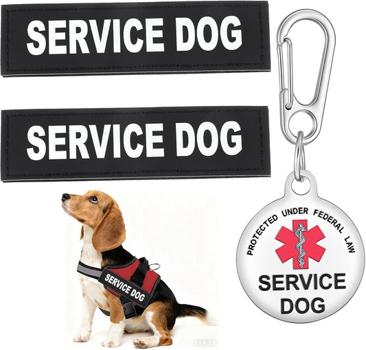 2pcs Service Dog Patches and ID Tags, Removable Black Dog Vest Patches for Dogs in Training Collar Harness Vest