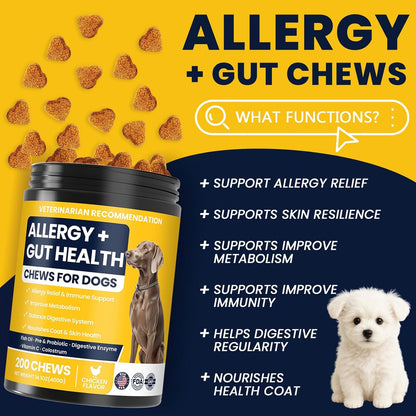 Dog Allergy Chews Probiotics for Dogs Yeast, Itchy Skin and Itchy Ears Itch Relief Immune Pre Probiotic Chews for Pet Digestive Gut Health Anti Itch Supplement for Itching and Licking Dogs Allergies