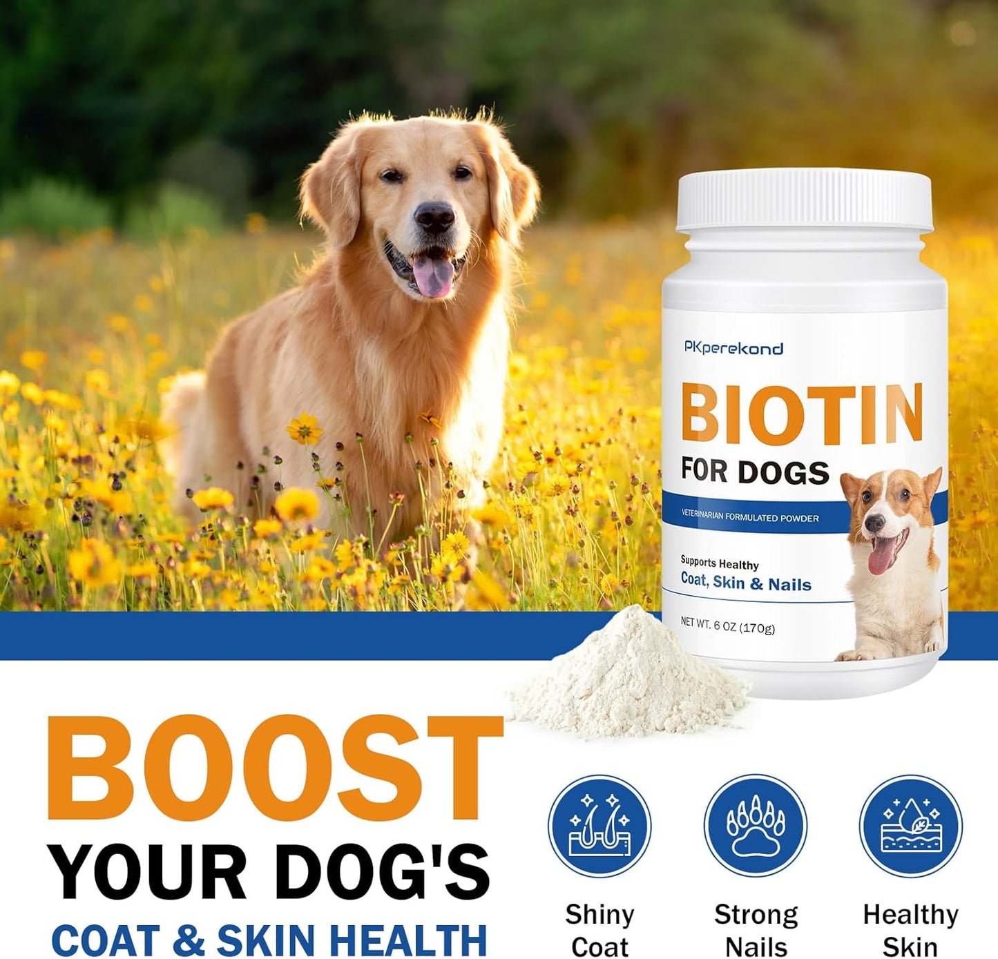 Biotin for Dogs, Supports Shiny Coat and Healthy Skin, Strengthens Dog Nails, Biotin Powder Supplement for Dog Shedding, Dry Skin Relief for Dogs, 6 oz