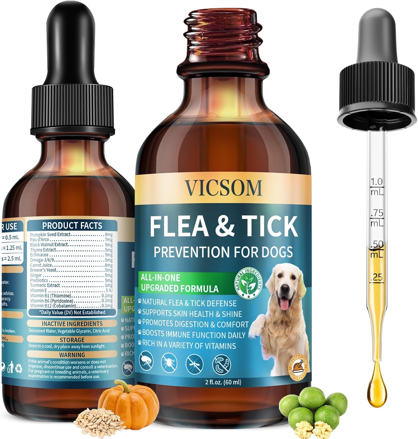 Natural Flea and Tick Prevention for Dogs, Oral Herbal Dog Flea and Tick Treatment Drops with Pumpkin Seed & Black Walnut for Dogs, Skin & Coat Care - Digestive & Immune for All Breeds and Ages, 60ml
