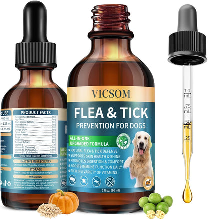 Natural Flea and Tick Prevention for Dogs, Oral Herbal Dog Flea and Tick Treatment Drops with Pumpkin Seed & Black Walnut for Dogs, Skin & Coat Care - Digestive & Immune for All Breeds and Ages, 60ml