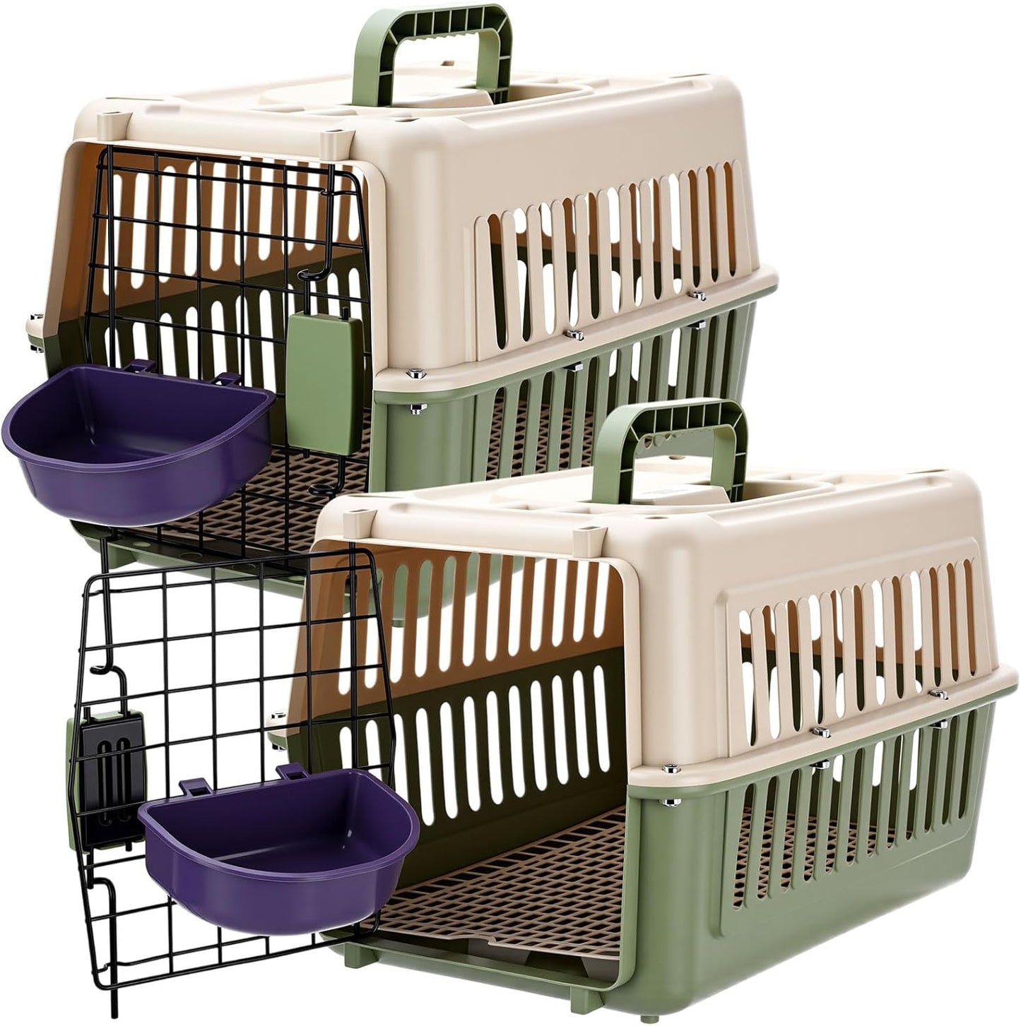 2 Set Travel Pet Carrier Small Plastic Hard Cat Dog Carrier with Bowl Wire Door and Grille Mat Breathable Portable Puppy Kennel for Walking Camping Veterinary Visits (Green White)