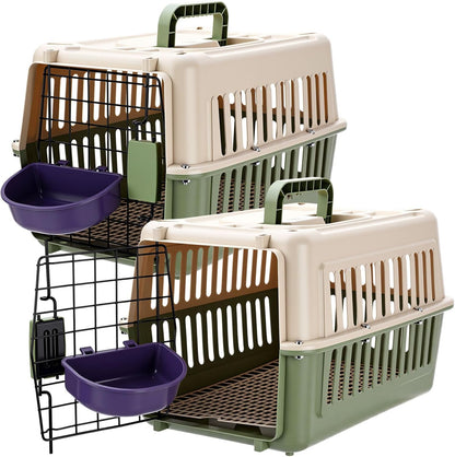 2 Set Travel Pet Carrier Small Plastic Hard Cat Dog Carrier with Bowl Wire Door and Grille Mat Breathable Portable Puppy Kennel for Walking Camping Veterinary Visits (Green White)