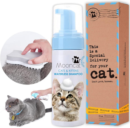 Mooncat Waterless Cat Shampoo with Brush and Dental Finger Wipes Bundle - Licking Safe Dry Foam Bath and Teeth Cleaning Wipes for Grooming and Breath Freshening