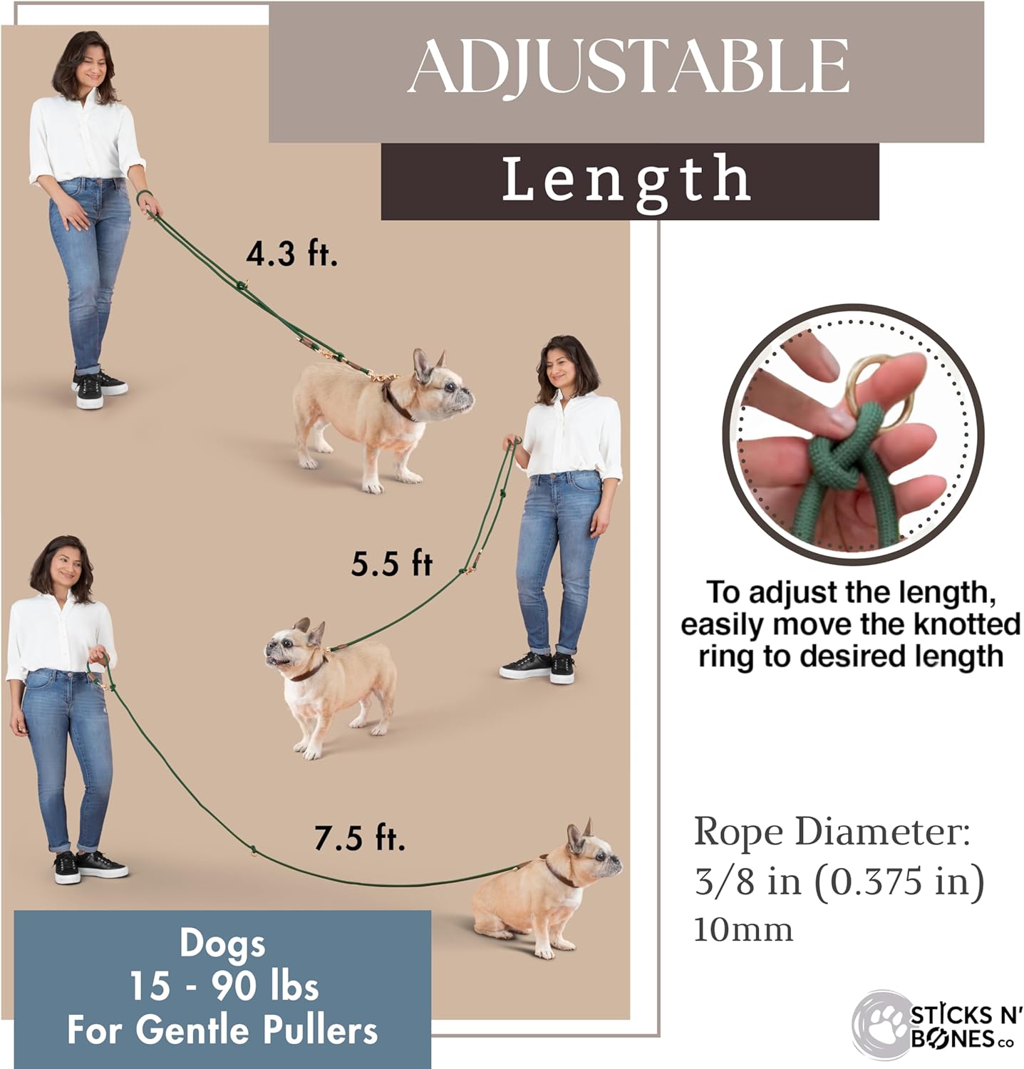 Hands Free Dog Leash, Waist Leash for Dog Walking, Running, Crossbody, Multifunctional, 2 Dogs, Dual Handle, Traditional Lead, Adjustable Lead 4.3ft - 7.5ft, 3/8" (10mm) Diameter.