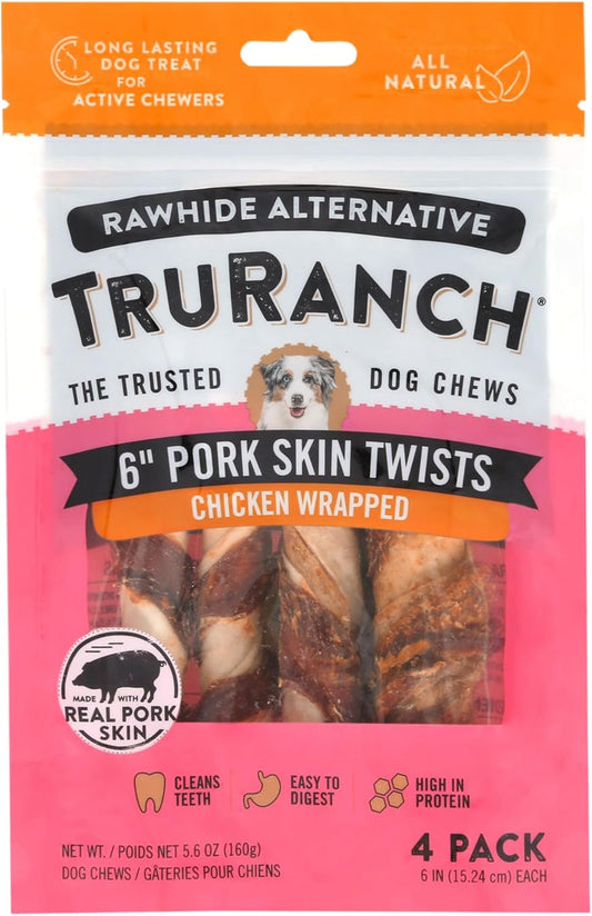 TRURANCH 6" Pork Skin Twists - Collagen Chews for Dogs - Chicken Wrapped Jerky - Made with Real Pork Skin - Rawhide Alternative - Limited Ingredient - Easy to Digest Treat, 1 Bag, 9 Count
