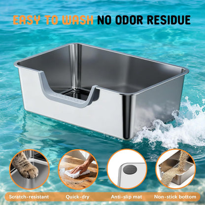 Stainless Steel Litter Box with High Sides,23.6" L X 15.7" W X 7.8" H,Extra Large Jumbo Cat Litter Box,XL Kitty Metal Liter Box for Indoor Big Cat,Non-Sticky,Anti-Leakage(Entry on Long Side)