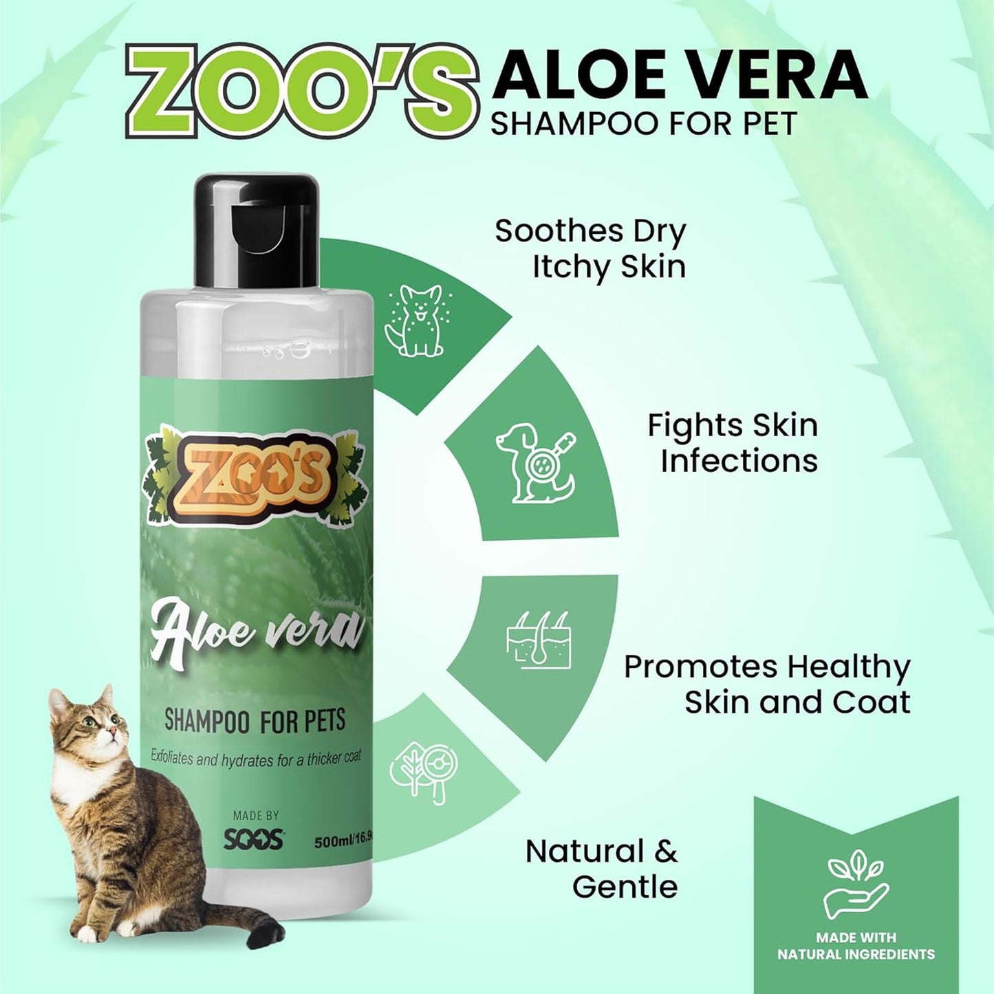 Zoo’s Pet Aloe Vera Shampoo for Dogs and Cats - Fast Absorbing, Moisturize Skin & Fur for Stronger, Thicker Coat - Remove Dead Skin Cells - 500ml