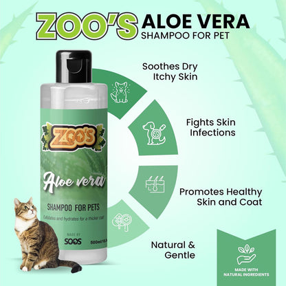 Zoo’s Pet Aloe Vera Shampoo for Dogs and Cats - Fast Absorbing, Moisturize Skin & Fur for Stronger, Thicker Coat - Remove Dead Skin Cells - 500ml