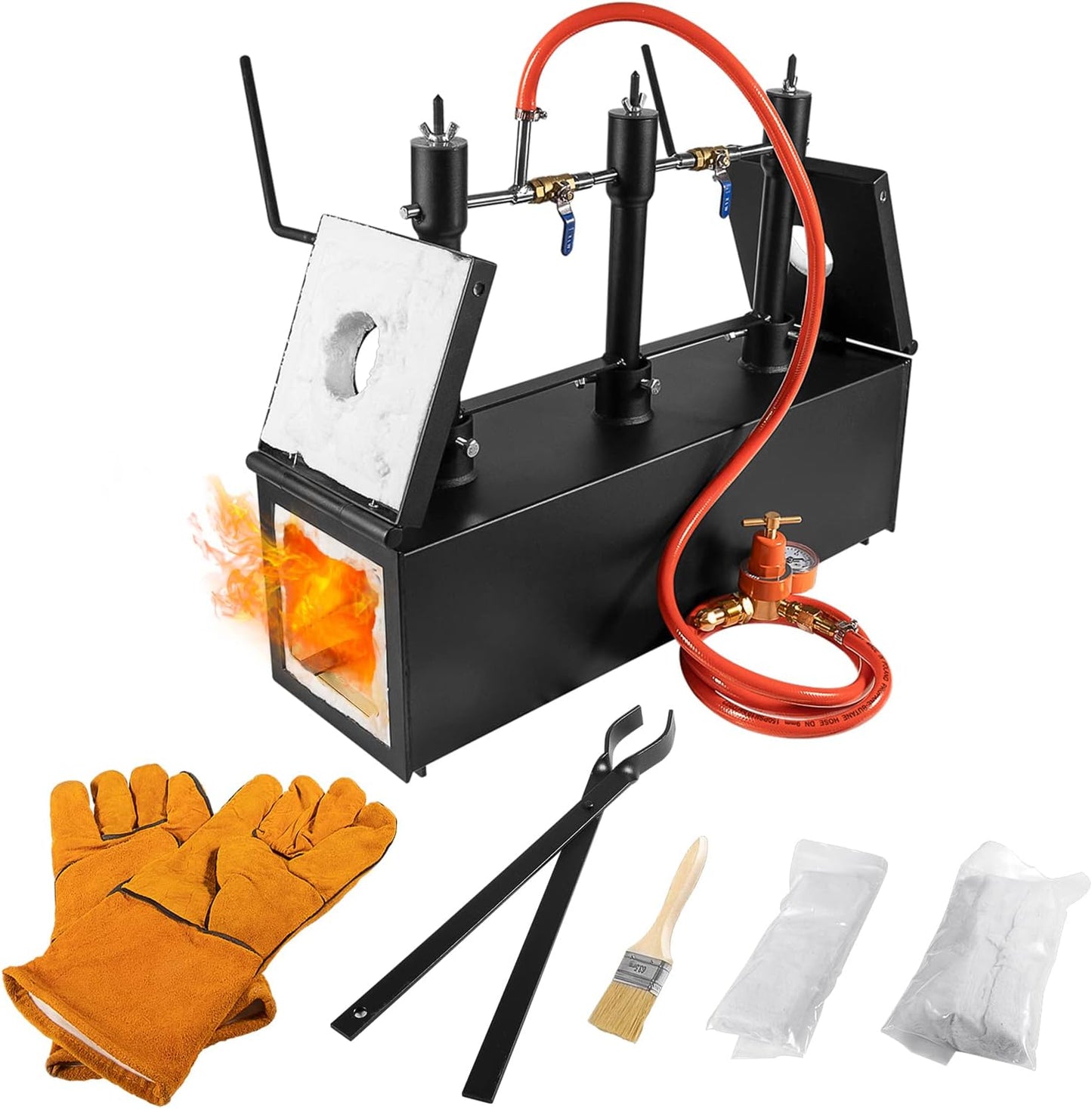 Triple Burners Portable Propane Gas Forge Three Burners 2700°F/1482℃ Large Capacity Square Forging Furnace for Blacksmithing Farrier Knife Tool Making Equipment with Tong & Gloves 2-Doors