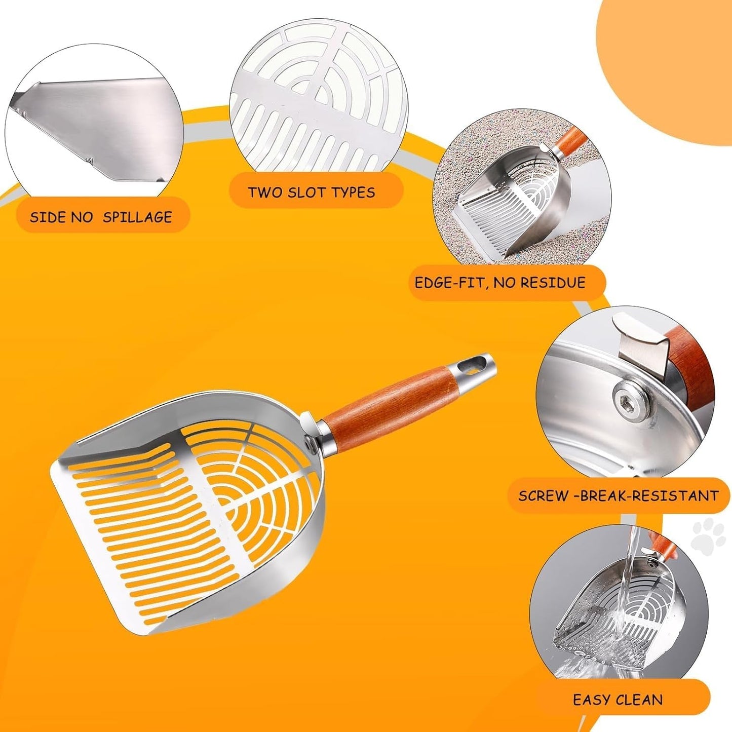 Cat Litter Scoop Metal 304 Stainless Steel, One-Piece Pressed Design with No Weld Spots, Durable Anti-Break Handle, Dual Slot Sizes, with Holder Stand, Easy to Clean, Filters Small Litter Clumps