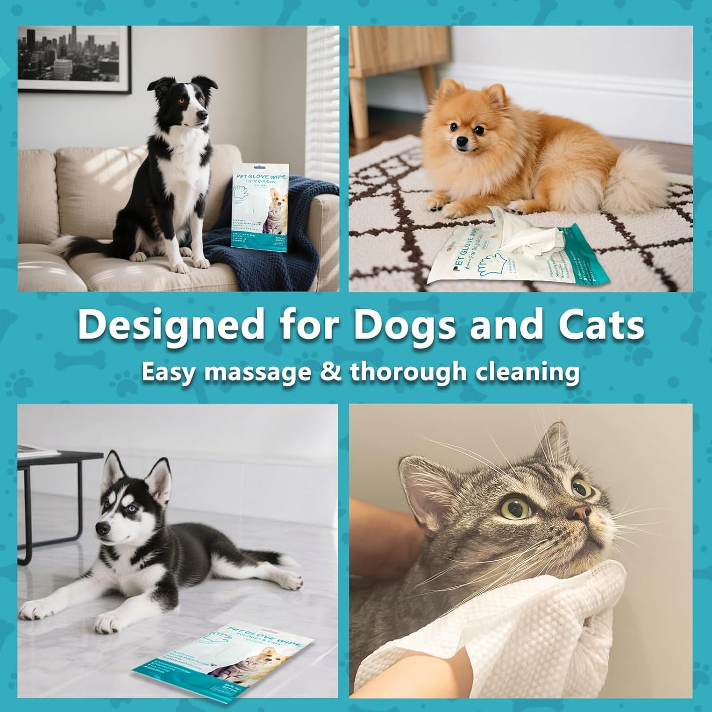 6PCS Unscented Extra Thick Pet Glove Wipes for Dogs & Cats, Dog Cat Washing Cleaning Gloves, Dog Grooming Bath Gloves for Daily Care and Traveling, Rinse Free