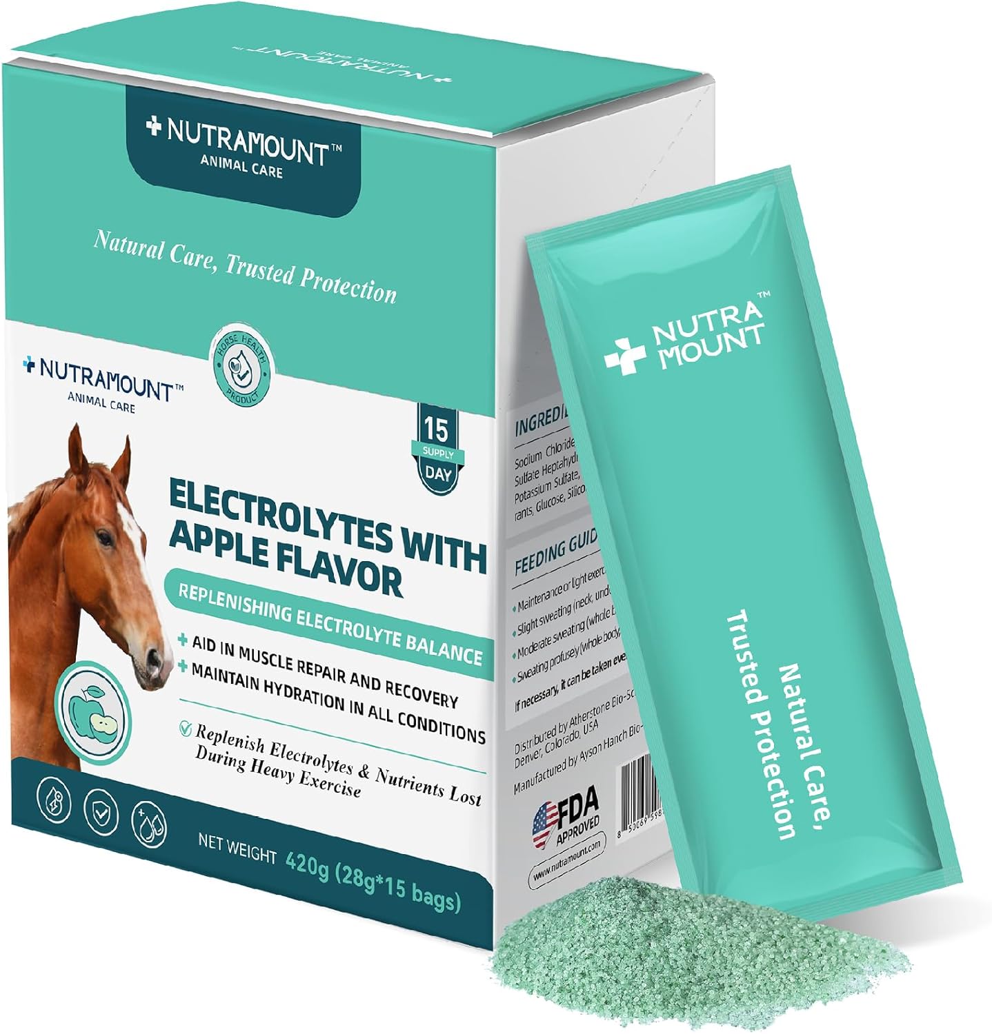 Equine Electrolytes Supplement with Apple Flavor, Replenish Lost Minerals & Support Hydration for Horses During Training, Hot Weather or Travel – 420g