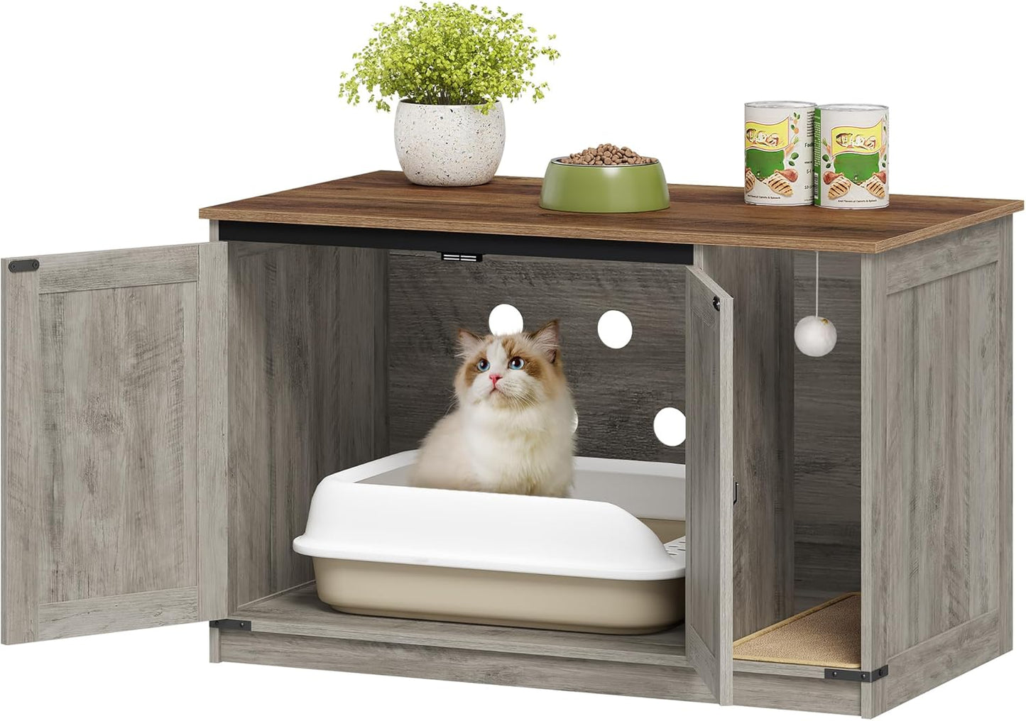 Cat Litter Box Enclosure, Hidden Litter Box Cabinet Furniture with Bell, Indoor Cats House, Farmhouse Style, 39.4 x 21.7X 24.8 Inches, for Hallway, Bedroom, Greige CB85205X