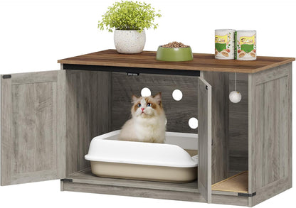 Cat Litter Box Enclosure, Hidden Litter Box Cabinet Furniture with Bell, Indoor Cats House, Farmhouse Style, 39.4 x 21.7X 24.8 Inches, for Hallway, Bedroom, Greige CB85205X