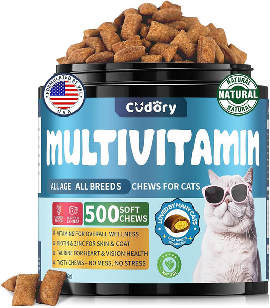 Cat Multivitamin, Crunchy & Creamy Cheese Chew– Supports Energy and Skin & Coat – with Taurine, B-Complex, Zinc Methionine & Selenium Yeast – Daily Health Supplement for Cats of All Ages (500 Chew)