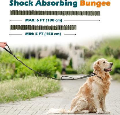 PetBonus Heavy Duty Tactical Dog Leash, 5 FT Bungee Shock Absorption Leash and Dog Collar Safety Clip
