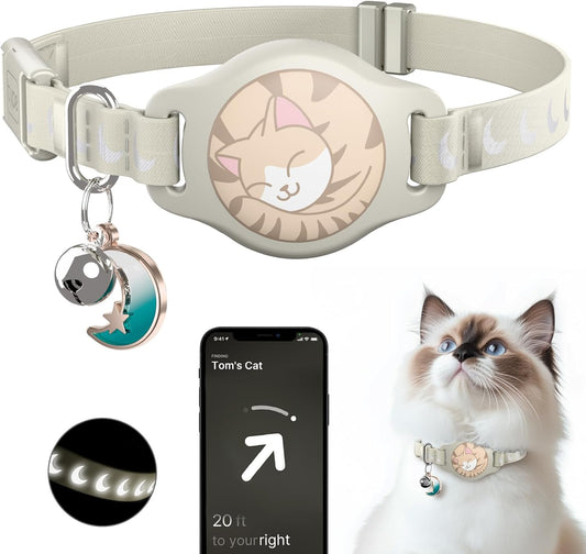 Cat Collar with Airtag Holder, Breakaway Airtag Cat Collar for Apple Air Tag with Luminous & Reflective Pattern, Waterproof GPS Cat Tracker Collars for Boy Girl Cats Kittens with Bell, Khaki (8-12")