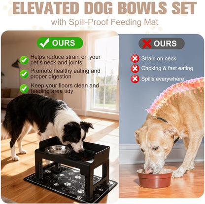 BINGPET Elevated Dog Bowls with Mat,Raised Dog Bowl,6 Heights Adjustable Stand,Non-Slip and Non-Spill Food Bowl for Small Medium Large Dogs