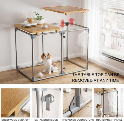 Clear Acrylic Dog Cage Furniture, Decorative Dog Kennel Furniture with Solid Wood Tabletop, 41 Inch, 6 Panels, Transparent Pet Fence for Small Dogs, Rabbits, Hedgehogs, and Cats