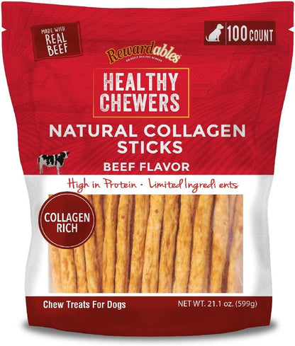 | Healthy Chewers | Natural Collagen and Beef Sticks for Dogs | 100 Count | High Protein and Limited Ingredient Dog Chews