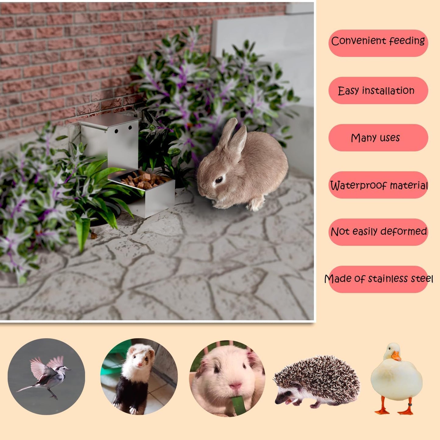 Rabbit Feeder - Small Animal Stainless Steel Gravity Feeding Trough with Lid, Outdoor Durable Cage Feeder Holds Several Days' Food (4 Inch/1.5Lbs)