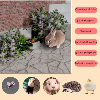 Rabbit Feeder - Small Animal Stainless Steel Gravity Feeding Trough with Lid, Outdoor Durable Cage Feeder Holds Several Days' Food (4 Inch/1.5Lbs)