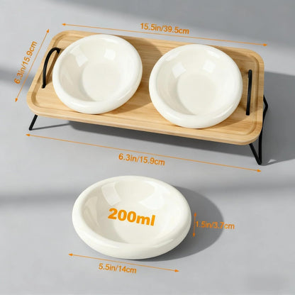 Raised Cat Ceramic Bowls with Wood Stand Kitty Elevated Bowls for Food and Water with Tilted Design Anti-Vomiting, Pet Bowl Set with Stainless Steel Base for Cats and Puppy by TDTOK