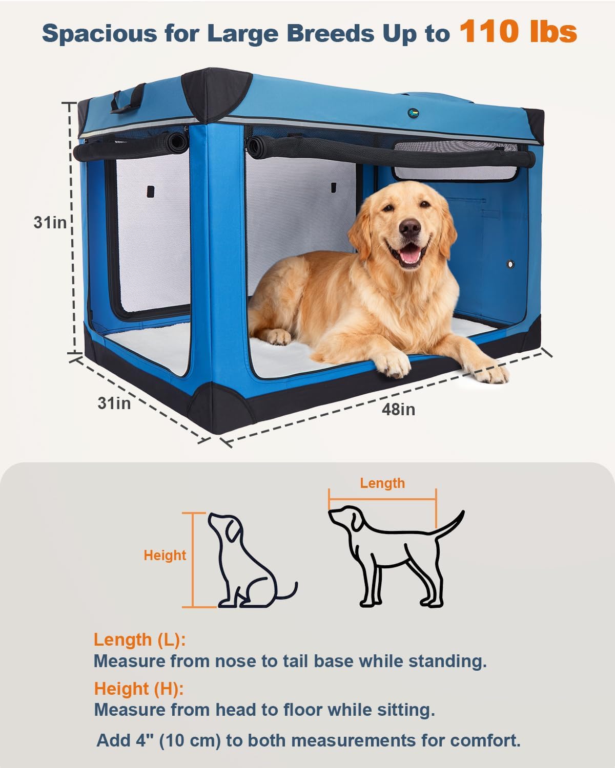 Ownpets 48 inch XXL Collapsible Dog Crate for Large Dogs, Portable Travel Dog Crate, 4-Door Foldable Pet Kennel with Durable Mesh Windows and Soft Mat, Blue