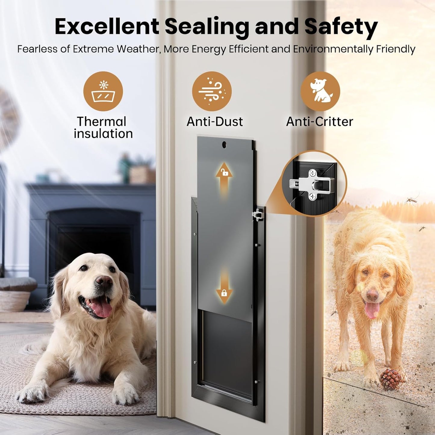 All Aluminum Dog Door for Exterior Door, Large Doggy Door, Heavy Duty Pet Door, Double Magnetic Flaps, Thermal Tnsulation, Energy Efficient, Sliding Lock Panel (Pets Up to 110Lb).